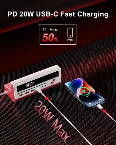 Vista 3 de Estación de carga USB 10 en 1, regleta de alimentación de 4 salidas con 6 USB, cable de extensión de 5 pies de largo, enchufe plano de 45°, estación