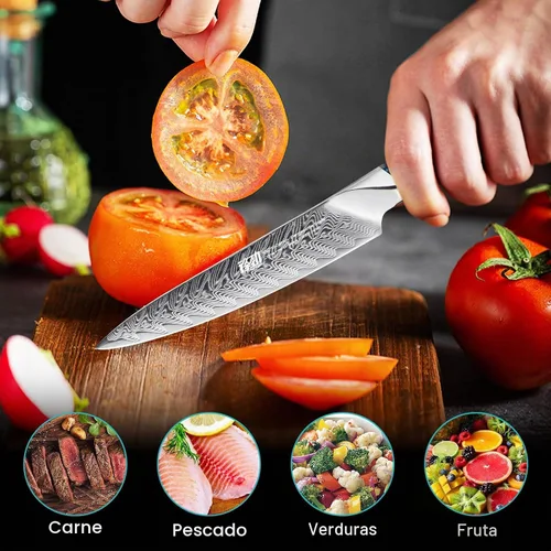 Vista 5 de FINDKING Nebula Series - Cuchillo de cocina con funda de ABS, cuchillo pequeño versátil, hoja de damasco 10Cr15CoMov, mango de resina y sicomoro Azul
