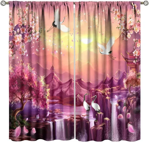 Vista 22 de Cortinas de cerezo, paisaje japonés, árbol de cerezo natural, primavera, dormitorio, sala de estar, ventana, 2 juegos de paneles, 42 x 45 pulgadas