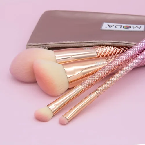 Vista 5 de MODA Juego de brochas de maquillaje de rosas metálicas, kit completo para rostro y ojos, filamentos sintéticos veganos, brochas de base, polvo