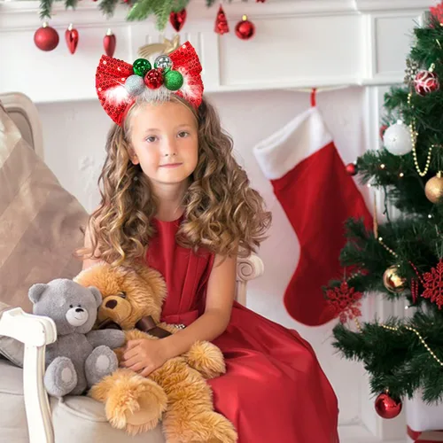 Vista 7 de Ecuupas Diadema de Navidad con lazo para el pelo, color rojo, brillante, verde, campana, diseño de tocado para mujeres, niñas, niños, invierno