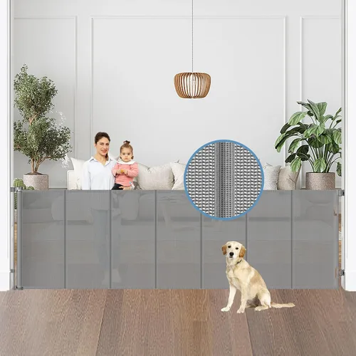 Vista 8 de Puertas retráctiles reforzadas para bebés con varillas de soporte, se extienden hasta 55" de ancho, puerta retráctil para perros para entradas