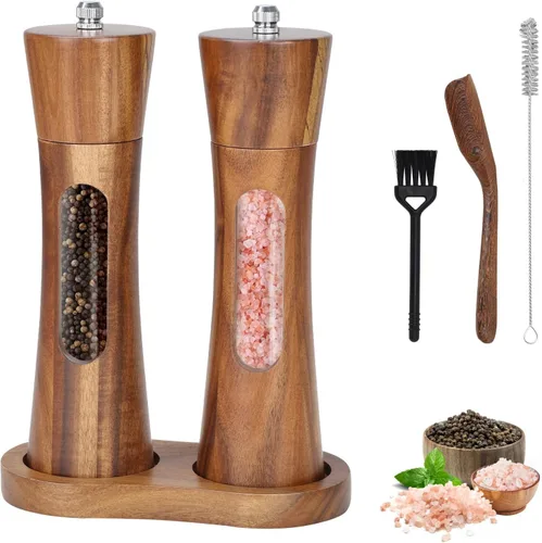 Vista 8 de Juego de molinillo de sal y pimienta de madera, molinillo manual de sal y pimienta de 8 pulgadas con cepillo y cuchara, grosor ajustable, molinillo