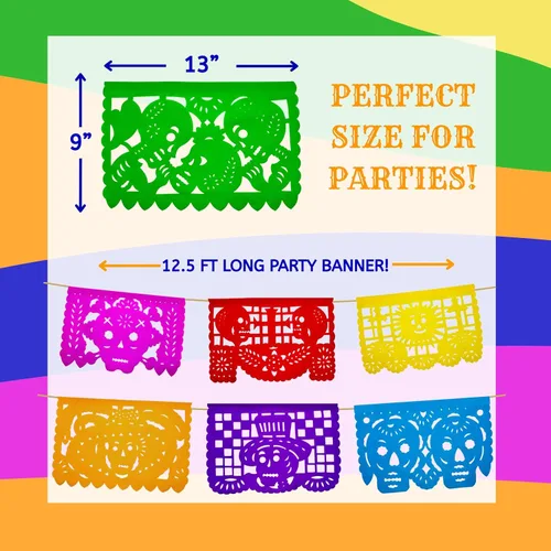 Vista 5 de Dia de los Muertos Papel Picado (PAPEL) – Decoración de fiesta del Día de Muertos (paquete de 4, 10 banderas por bandera) – Papel Picado Mexicano