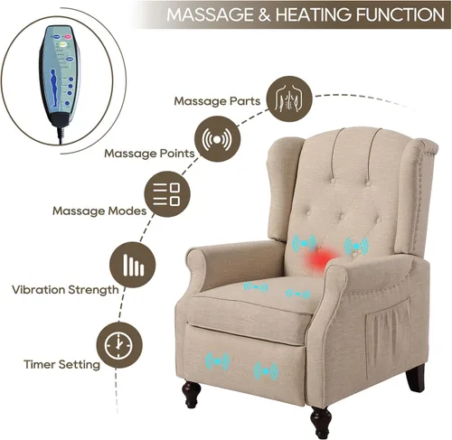 Vista 3 de Silla reclinable PALLOME con respaldo alto, asiento con masaje y calor, tapizado de tela, con respaldo acolchado, silla reclinable para sala de Beige