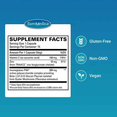 Vista 2 de EuroMedica ImunoPleuran Extra Strength - Suplemento de salud respiratoria superior - Pleurano procedente de hongos - con vitamina C y zinc - vegano