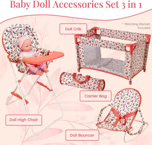 Vista 4 de Conjunto de accesorios para muñeca bebé floral, cuna para muñeca de 3-1, silla alta y asiento rebotador para muñeca. Accesorios para muñeca de 18