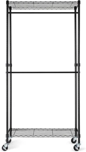 Vista 2 de Amazon Basics Perchero ajustable con doble barra, organizador de ropa colgante con ruedas, resistente, 36 x 14 x 72 pulgadas, negro