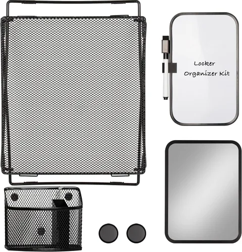 Vista 6 de Svartur Kit organizador de casillero negro con estante, estante, espejo, soporte para bolígrafos, pizarra blanca, artículos esenciales