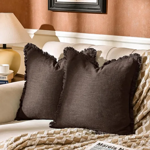 Vista 10 de Paquete de 2 fundas de almohada de lino con borlas con flecos decorativas rústicas naturales para cojín de sofá, sofá, dormitorio 16 x 16 pulgadas