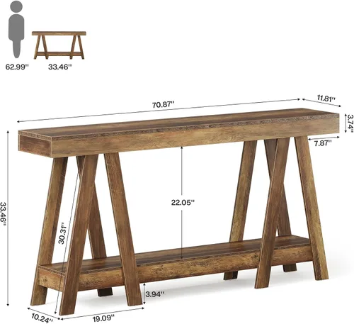 Vista 2 de Tribesigns Mesa consola de granja de 70.87 pulgadas, mesa decorativa de entrada de 2 niveles detrás del sofá para sala de estar, entrada, vestíbulo