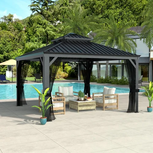 Vista 11 de MUPATER Gazebo para exteriores de 10 x 12 pies, carpa de techo rígido con doble techo, estructura resistente con sistema de drenaje y mosquitera