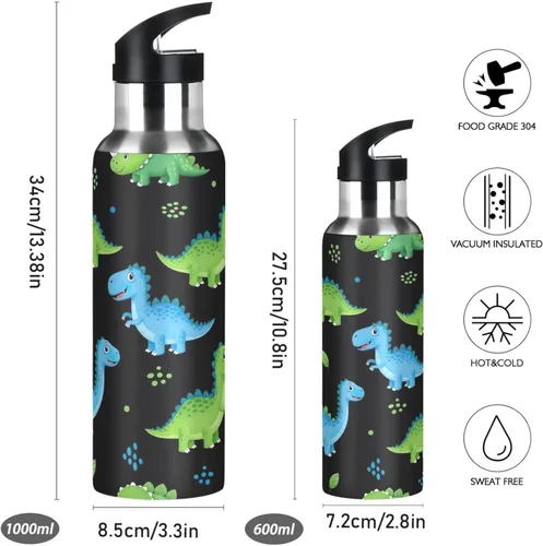 Vista 2 de Insulated Stainless Steel Water Bottle with Straw 20 Oz, Leakproof Water Bottles for Gym Outdoor Travel School, Cartoon Dinosaurs Dot Black