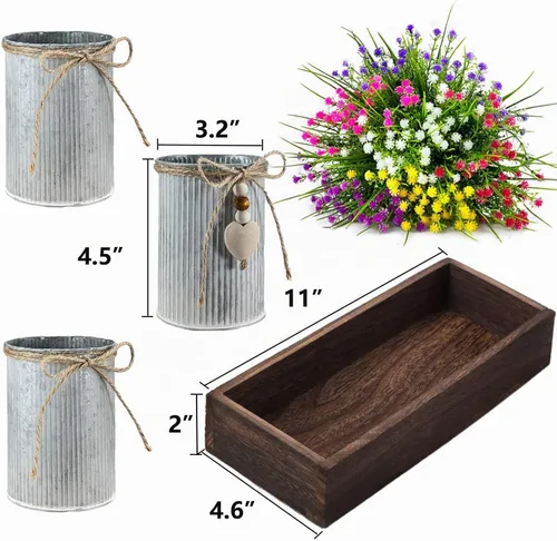 Vista 4 de CALAVAK Centro de mesa decorativo de madera con 3 macetas de metal artificiales para el aliento del bebé, plantas de gypsophila, decoración rústica