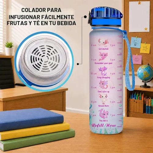 Vista 3 de 34HD Axolotl - Botella de agua de 32 onzas, bonita botella motivacional para mujer, botella de gimnasio con marcador de tiempo, regalo