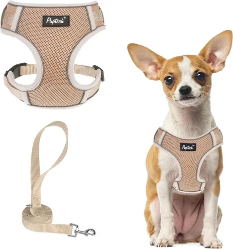 Vista 30 de PUPTECK Juego de arnés y correa para perro pequeño, arnés ajustable sin tirones para cachorro, chaleco de malla suave reflectante para mascotas