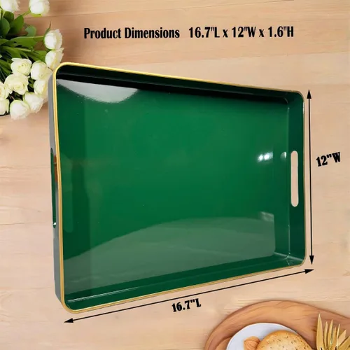 Vista 2 de Bandeja grande verde, elegante bandeja de plástico para mesa de café estilo otomano, decoración del hogar, para sala de estar. 16.7" * 12" * 1.6