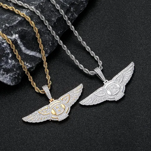 Vista 4 de Collar helado para hombre Colgante de cobre chapado en oro real de 14 quilates con circonita cubana Colgante de hip hop con logotipo periférico