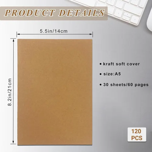 Vista 2 de Paquete de 120 cuadernos de papel kraft, tamaño A5, de tapa blanda rayada, cuadernos a granel para estudiantes adultos, escritura, bocetos, viajes