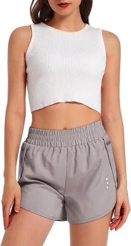 Vista 3 de TUVEKE Pantalones cortos de entrenamiento para mujer, cintura alta, pantalones cortos atléticos 2 en 1, pantalones cortos de yoga para gimnasio