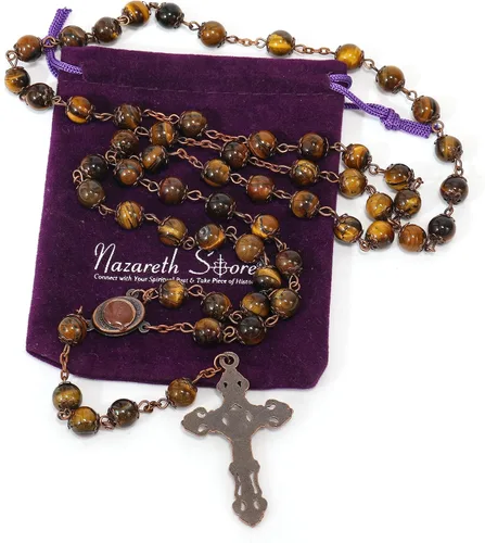 Vista 7 de Nazareth Store Collar de rosario con cuentas de piedra natural, 0.315 in, diseño de cobre antiguo, medalla de suelo sagrado y cruz en bolsa