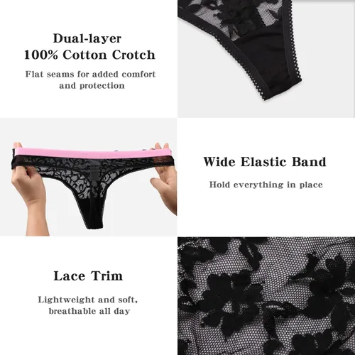 Vista 4 de ADOVAKKER Womens Thong Cotton Sexy Lace T Back Panties Underwear Pack of 6 Multicolored B-M