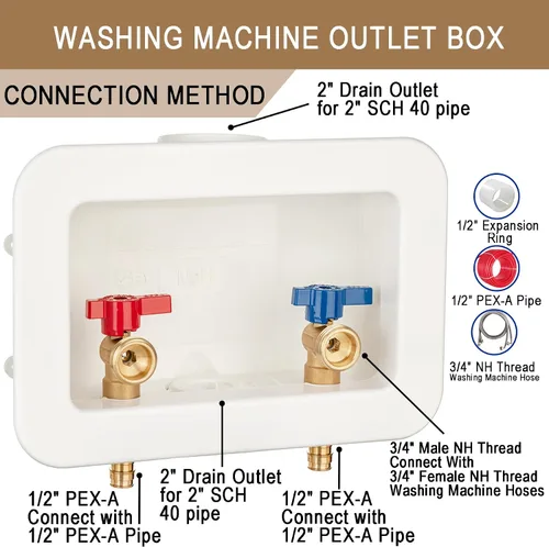 Vista 2 de [1 unidad] Lingmfg Caja de salida para lavadora PEX-A expansión con drenaje central de 2 pulgadas, expansión PEX-A de 1/2 pulgada, conecta mangueras