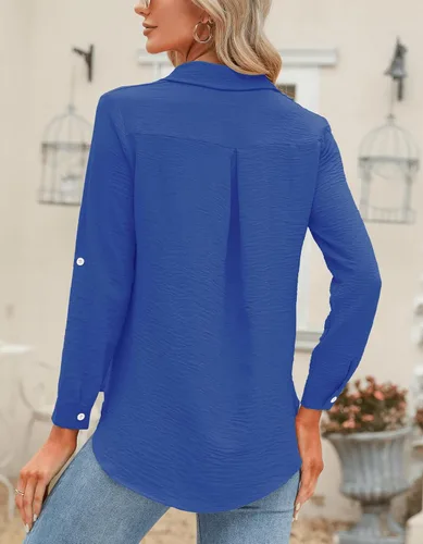 Vista 15 de Odosalii - Camisas con botones para mujer, con cuello en V, manga larga, enrolladas, blusas elegantes y formales para negocios y ocasiones casuales