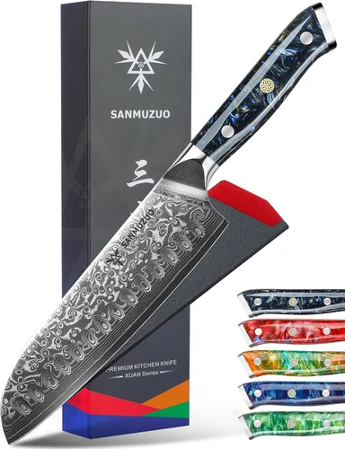 Vista 9 de Santoku Cuchillo de 7 pulgadas - Serie Xuan - Cuchillo de cocina de acero Damasco VG10 - Mango de resina (naranja fantasía)