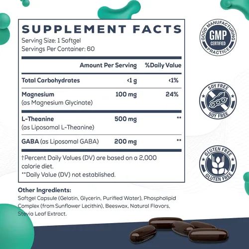 Vista 2 de CyberCerix L-teanina liposomal 500 mg, complejo con GABA 200mg y magnesio 100 mg, suplemento extra fuerte para calma, relajación y concentración
