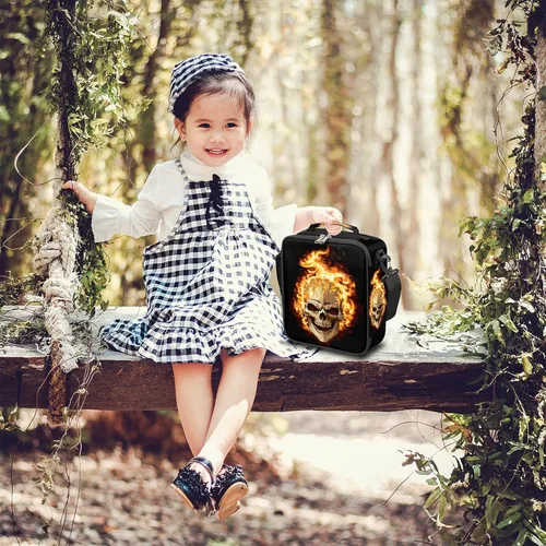 Vista 7 de Pardick Divertida bolsa de almuerzo aislada con calavera de fuego para adolescentes y niños, lonchera portátil reutilizable con correa