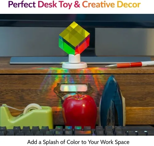Vista 5 de Twiddler Toys Color Mixing Cube with Display Stand – 2 Inch (50mm) Cyan, Yellow, & Magenta Acrylic Prism Optical Physics Desk Decor – Satisfying