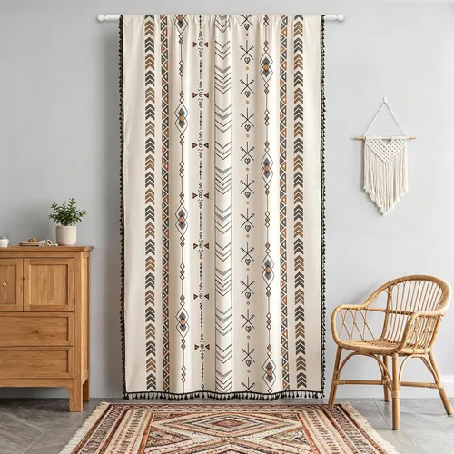 Vista 9 de Coral Fish Cenefa bohemia para ventana de cocina, cortinas geométricas para baño con patrones étnicos negros y flecos de macramé, cortina pequeña