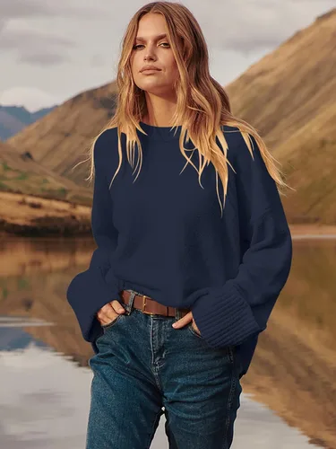 Vista 3 de Prinbara Suéter de gran tamaño para mujer, cuello redondo, manga larga, tejido mullido, grueso, cálido, suéter de moda para otoño 2024