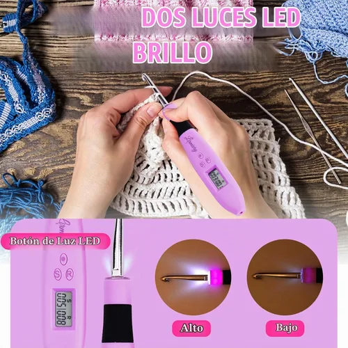 Vista 6 de Juego de Ganchos de Ganchillo con Cuenta Digital, Gancho de Ganchillo Ergonómico con Luz LED y 2 Niveles de Brillo Ajustable, Ganchos de Ganchillo