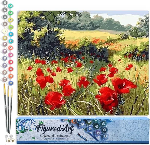 Vista 95 de Figured'Art Pintura por números para adultos, flores rojas abstractas, 16 x 20 pulgadas, kit de pintura artística para manualidades, lienzo
