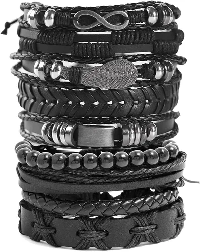 Vista 7 de Pulsera de cuero punk para hombre, 8-10 piezas, trenzada, cuentas de madera, calavera, metal, pulsera de cuero