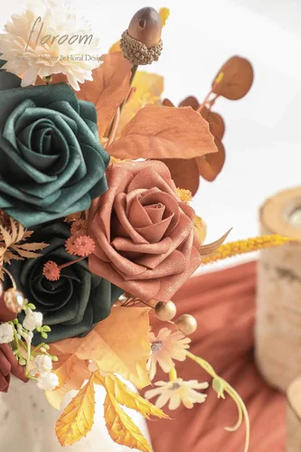 Vista 5 de Floroom Flores artificiales, 25 piezas de rosas falsas de espuma de color verde azulado de aspecto real con tallos para bricolaje, ramos de boda