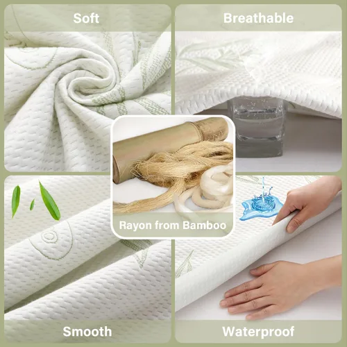 Vista 3 de Protector de Colchón Twin Impermeable, Funda Protectora de Colchón Lavable de Rayón de Bambú, Cubrecolchón Transpirable y Silencioso con Elástico