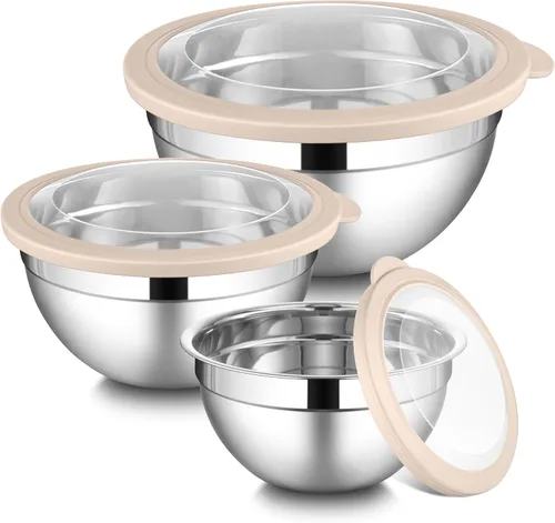 Vista 12 de LIANYU Juego de 3 tazones para mezclar con tapas, tazones de metal de acero inoxidable anidables grandes y pequeños para almacenamiento de cocina