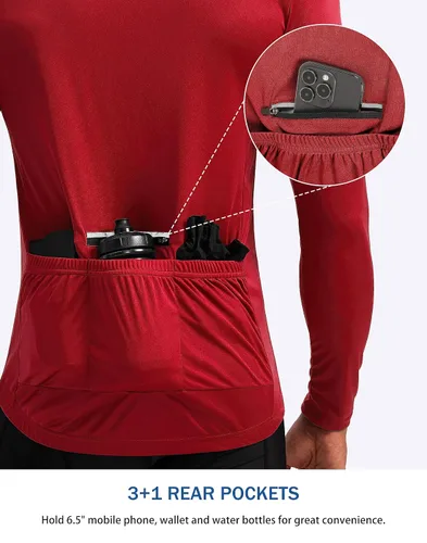 Vista 3 de Bikewa Maillot de ciclismo para hombre con 3+1 bolsillos traseros con cremallera, manga larga, absorción de humedad, UPF 50+ media cremallera