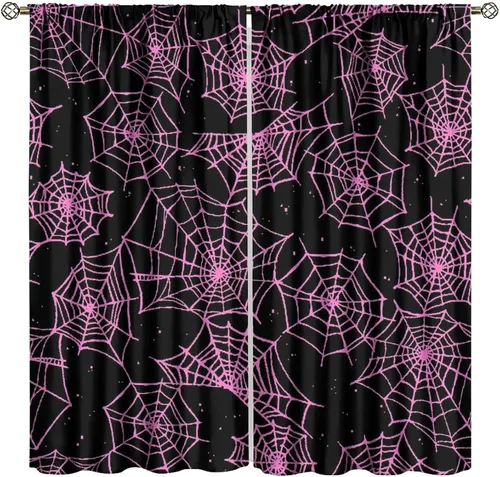 Vista 24 de Cortinas opacas de tela de araña aterradora para niños, tela de araña en blanco y negro, fondo rojo, dormitorio de niños, guardería, decoración