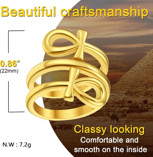 Vista 6 de ChainsProMax Puede grabar anillos de cruz Ankh para hombres y mujeres, anillo de mitología de joyería egipcia, acero inoxidable, chapado en oro