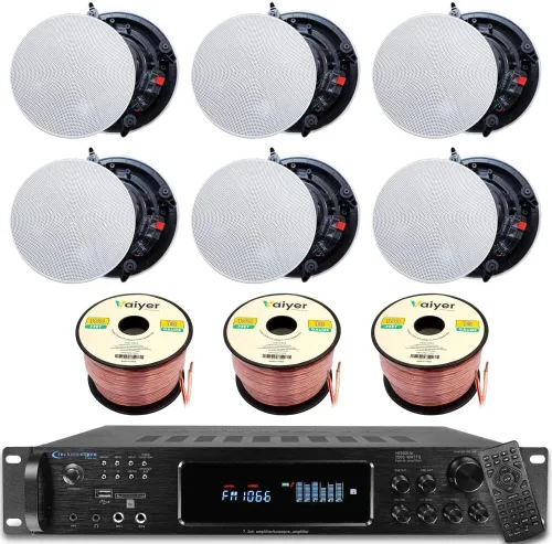 Vista 10 de Kit de sistema de sonido de cine en casa, amplificador Bluetooth de 7.2 canales de 1500 vatios con 6 unidades de altavoces de techo enmarcados de 8
