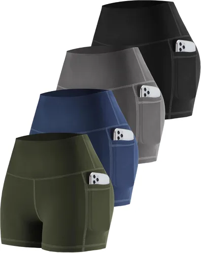 Vista 26 de CHRLEISURE - Pantalones cortos de ciclismo para mujer con bolsillos de licra, cintura alta, con control de abdomen para entrenamiento, yoga