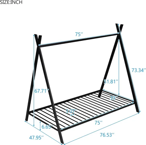 Vista 2 de Cama de casa individual para niños, marco de cama de casa, tienda de campaña, tamaño individual, cama de juego de metal con listones para niños
