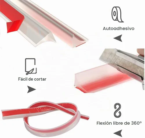 Vista 3 de Presa de Agua para Umbral de Ducha, Barrera Impermeable de Silicona Autoadhesiva para Baño y Cocina, Tope de Agua de Ducha, Protector para Blanco