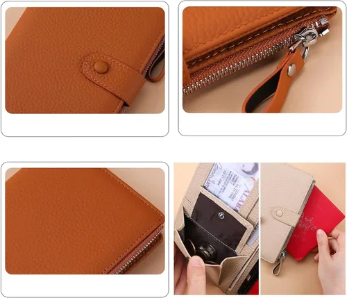 Vista 4 de Cartera para mujer, con cremallera y bolsillo para monedas, con bloqueo Rfid, billetera delgada de cuero para mujer, Beige, Classic