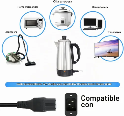 Vista 3 de Cable de alimentación percolador de 3 clavijas para Hamilton Beach Modelo 40616, piezas de repuesto para cafeteras Farberware, monitores de 3 pies