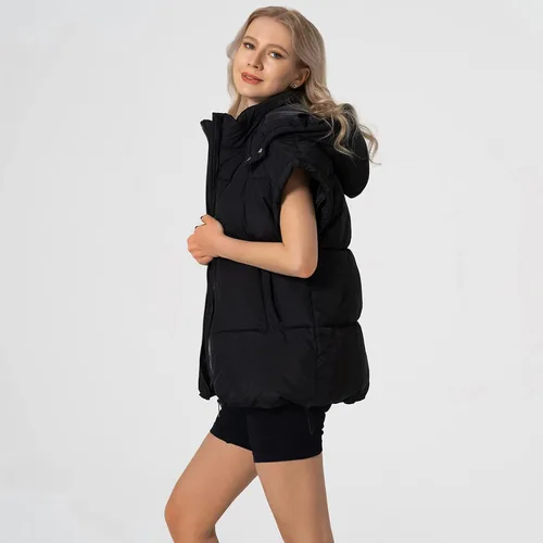 Vista 35 de Shiyifa Chaleco acolchado para mujer, chaqueta de gran tamaño, sin mangas, ligera, con cremallera, con capucha desmontable